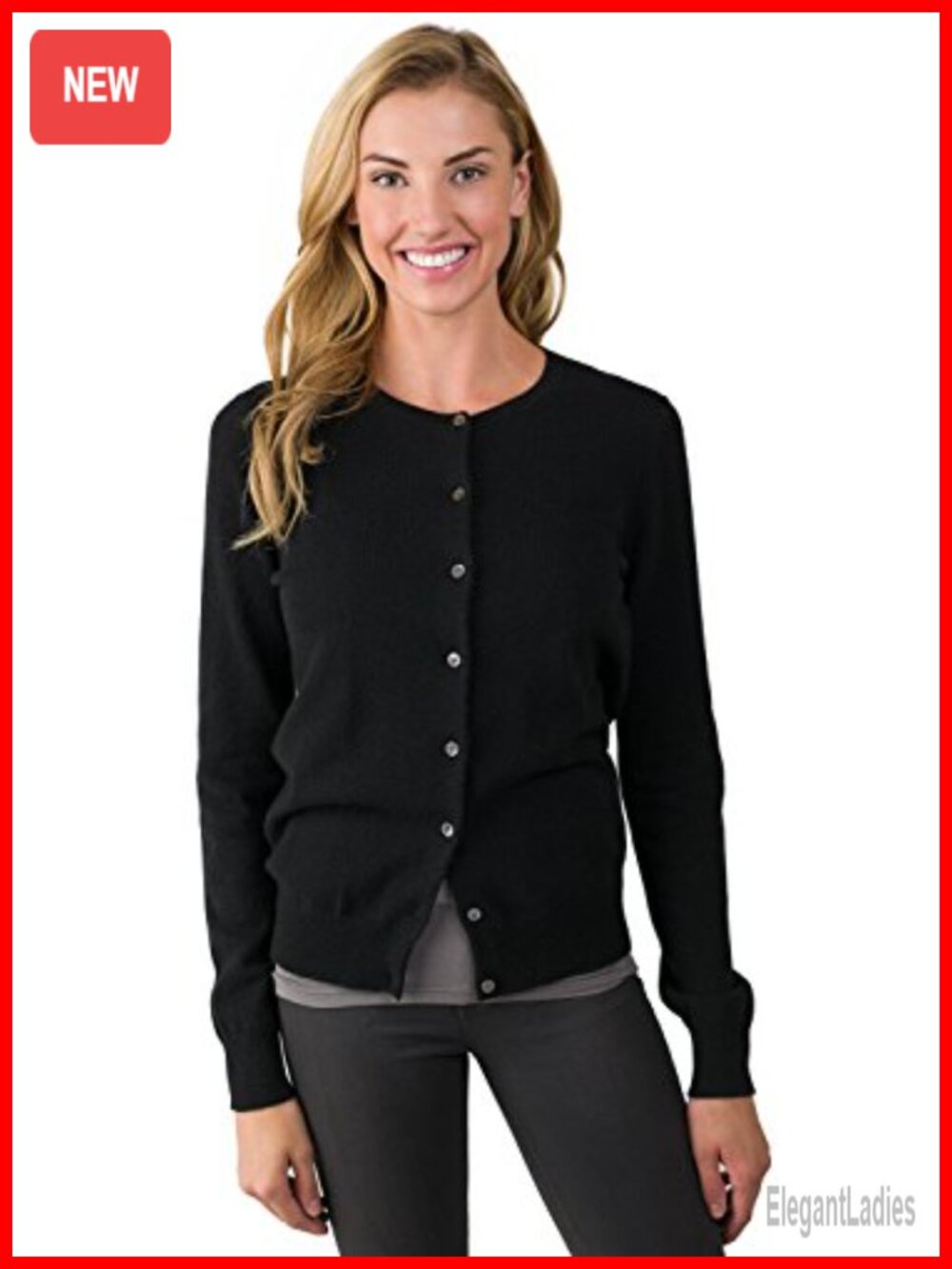 100% Cashmere Button Front Crewneck Cardigan Sweater for Women